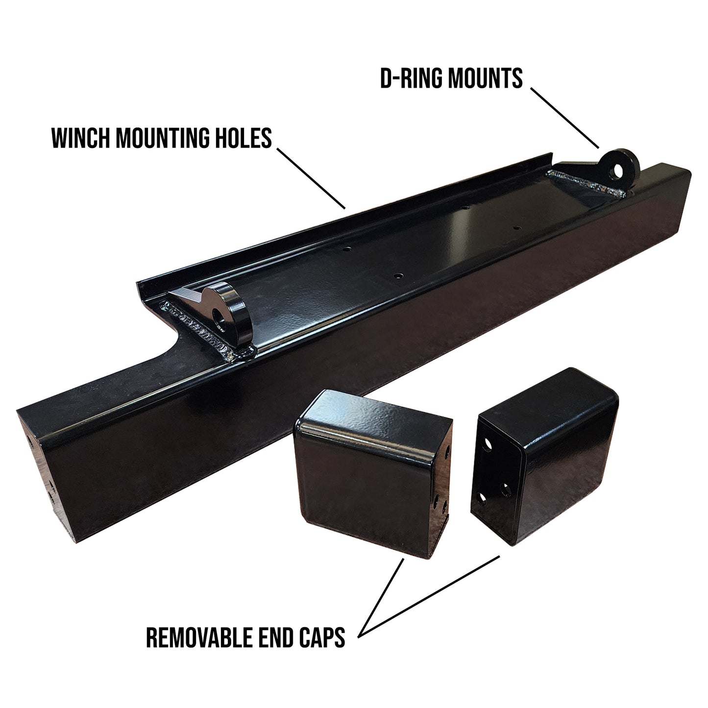 Black metal with winch mounting holes, D-ring mounts, and removable end caps.